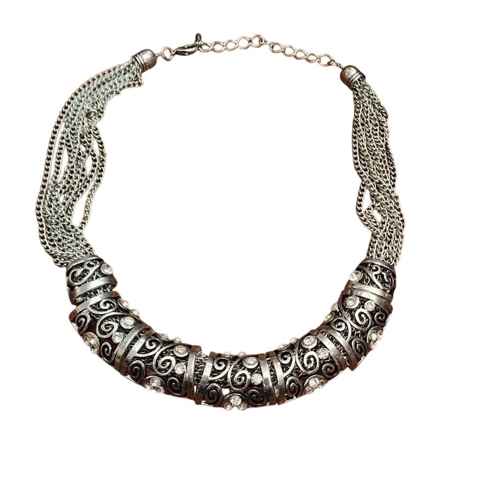 Vintage Style Silver Tone Filigree Bib Necklace Clear Rhinestone Statement Multi